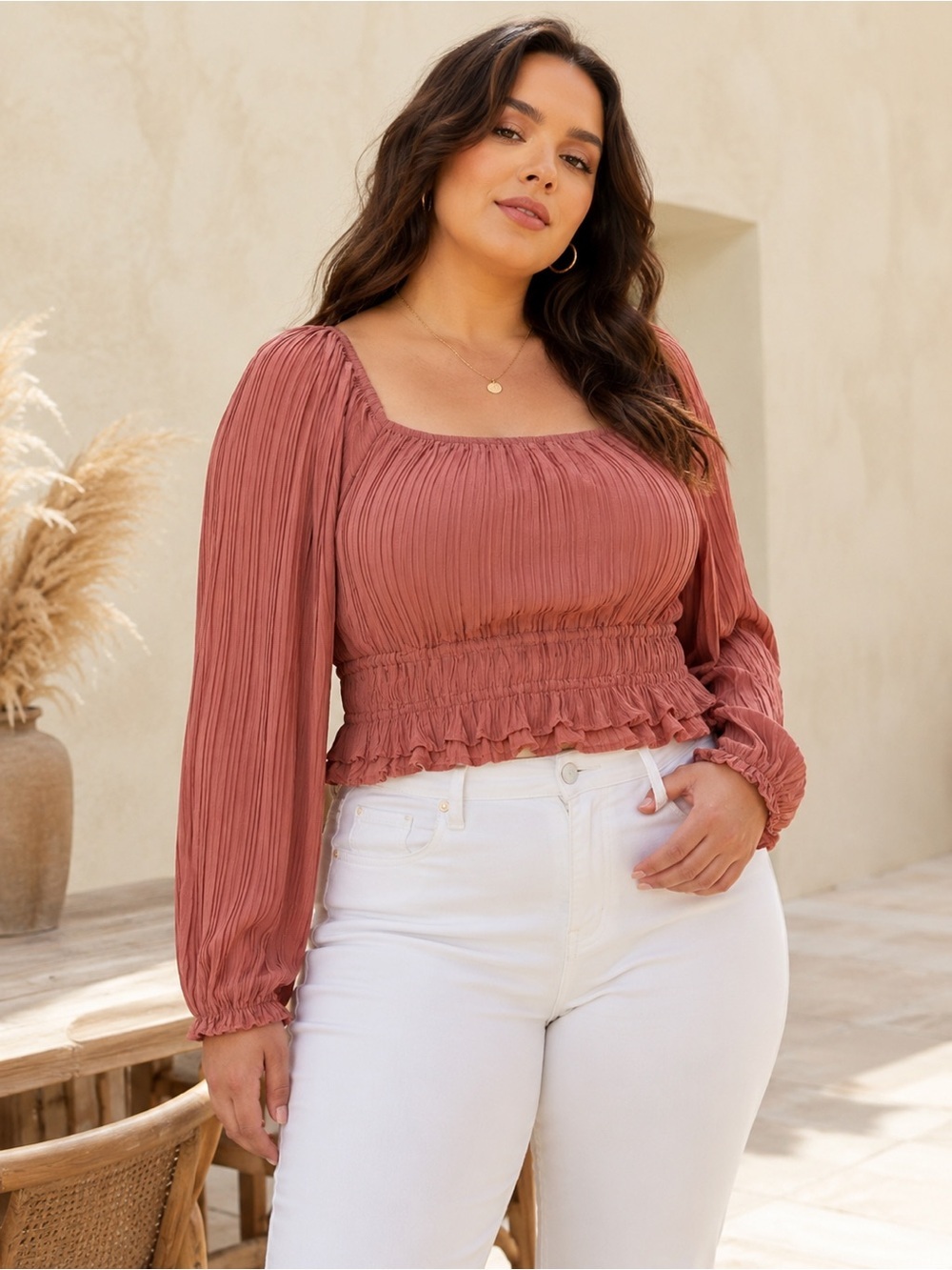NWT ASTR The Label Dusty Rose Pink Pleated Plisse Square Neck Peasant Blouse XL
